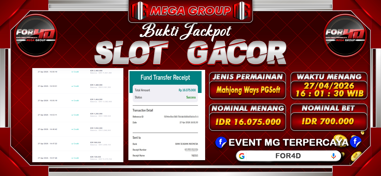 Bukti JP situs For4D hari Senin, 27 April 2026